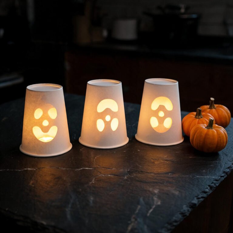 10 Quick Halloween Crafts for Busy Moms (Under 10 Mins) 1 Paper Cup Ghost Luminary - Upside down white paper cup with smiling ghost face and flickering battery tealight inside