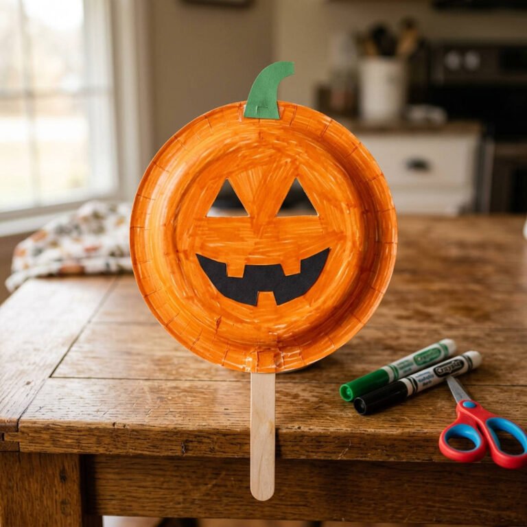 Paper Plate Jack-O'-Lantern Mask - Finished orange paper plate pumpkin mask craft with wooden stick handle on a farmhouse table