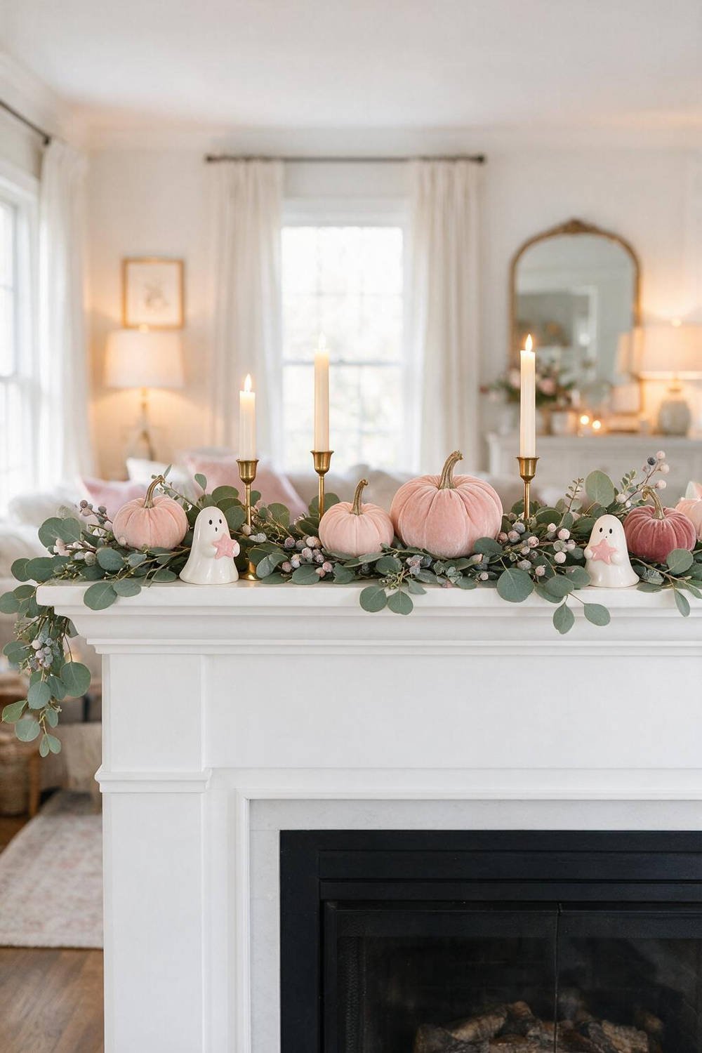 A chic white fireplace mantel styled with pastel pink velvet pumpkins, cute ceramic ghosts, and eucalyptus garland