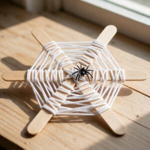 Woven spider web made from three crossed natural wooden popsicle sticks and concentric white yarn loops with a small plastic spider in the center.
