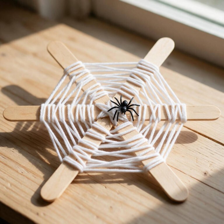 10 Easy DIY Halloween Spider Webs for Kids (Yarn & Crafts) 9 Woven spider web made from three crossed natural wooden popsicle sticks and concentric white yarn loops with a small plastic spider in the center.