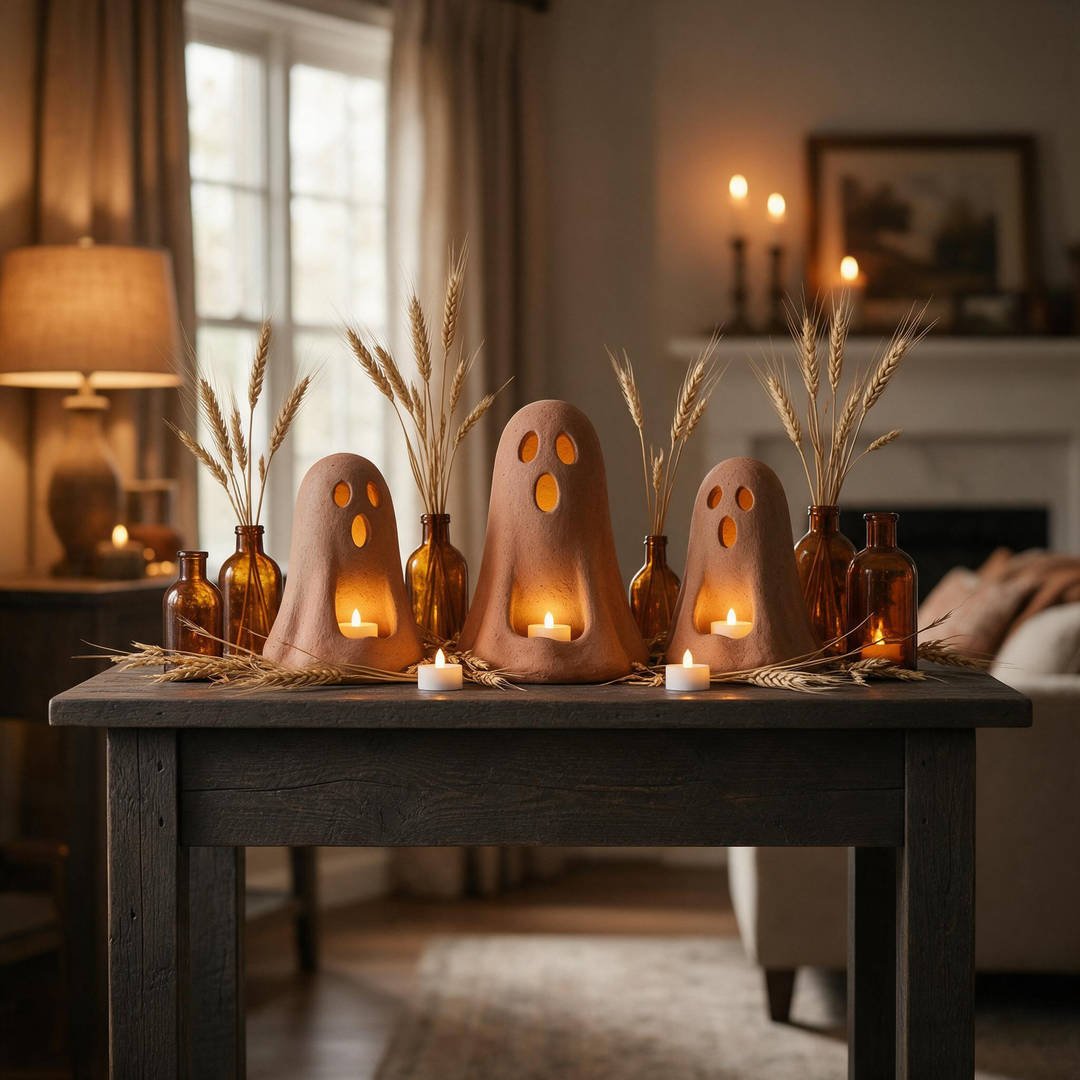 A trio of high-end rustic earthenware terracotta ghosts with cut-out smiling eyes illuminated by warm flickering candles