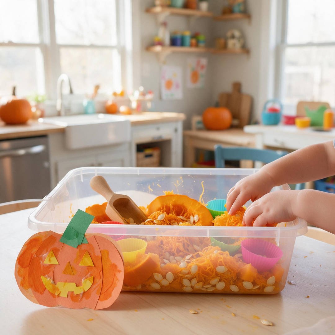 10 Fun Halloween Sensory Activities for Toddlers (Taste-Safe) 1 Pumpkin Guts & Seeds Exploration Sensory Bin