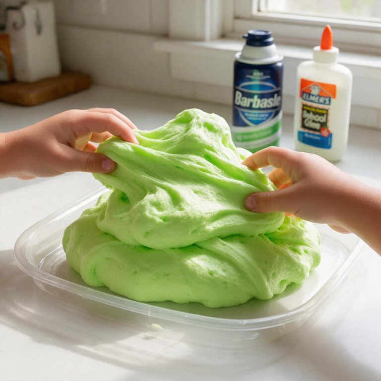 10 Creepy Zombie Fluffy Slime Ideas Kids Can Make at Home 12 Radioactive Toxic Green Zombie Fluffy Slime - Pillowy neon lime green fluffy slime puffed with shaving cream in a shallow clear craft container on a kitchen table