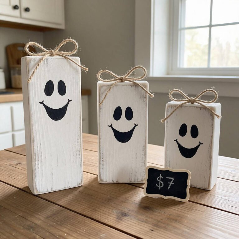 Rustic Wooden Tiered Tray Ghost Signs - Distressed white painted pine wood blocks with smiling black ghost faces and rustic twine