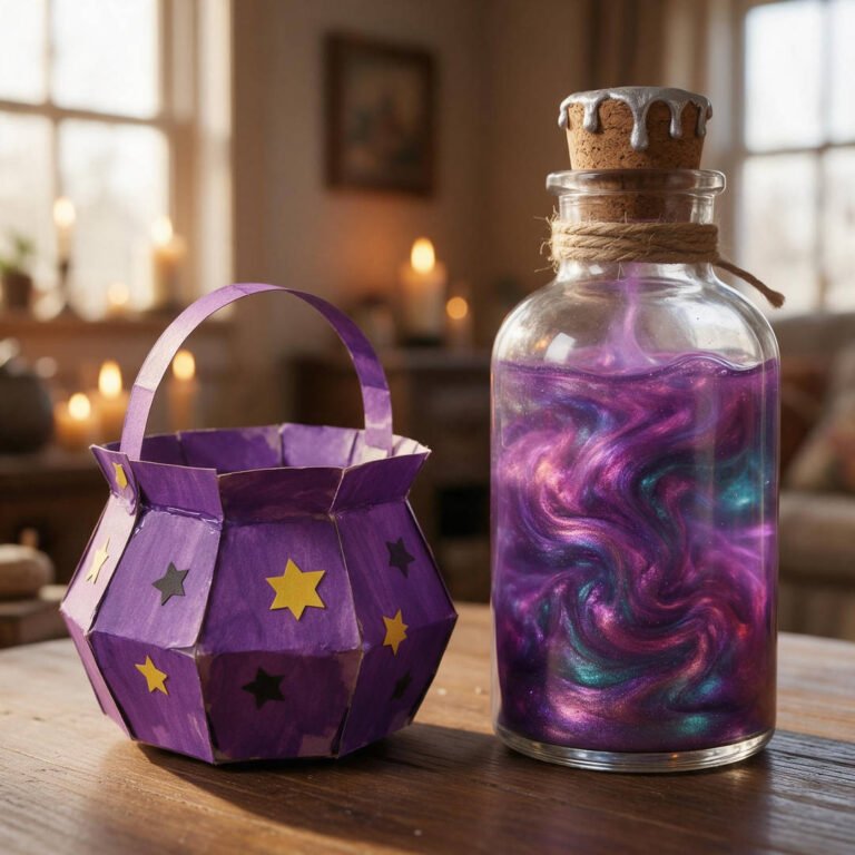 Shimmering Swirling Galaxy Potion Bottle - Clear glass apothecary bottle filled with swirling pearlescent purple and turquoise nebula liquid with a natural cork stopper