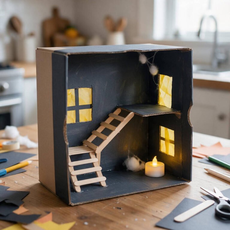 Shoebox Spooky Haunted House Diorama - Cardboard shoebox diorama painted charcoal gray with popsicle stick stairs and glowing yellow tissue windows