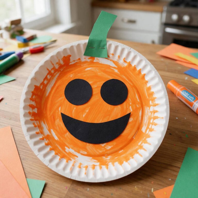 Smiley Paper Plate Pumpkin - Toddler paper plate pumpkin craft painted orange with friendly felt face