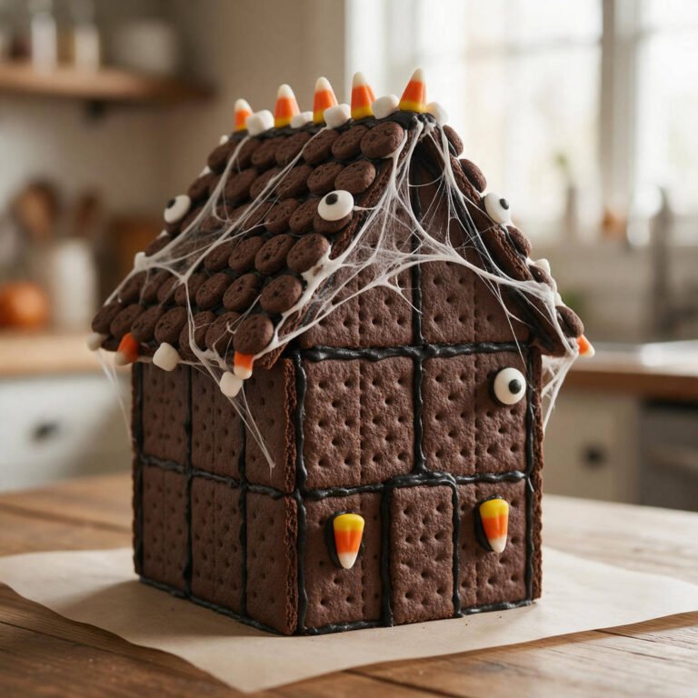 Spooky Graham Cracker Haunted Manor - Dark chocolate graham cracker haunted house with black royal icing drips and marshmallow spiderwebs on parchment paper