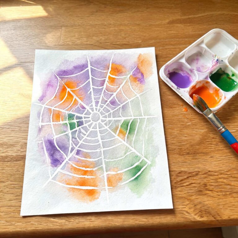 Spooky Splatter Process Art Canvas - Toddler watercolor resist spider web and paint splatters on white watercolor paper
