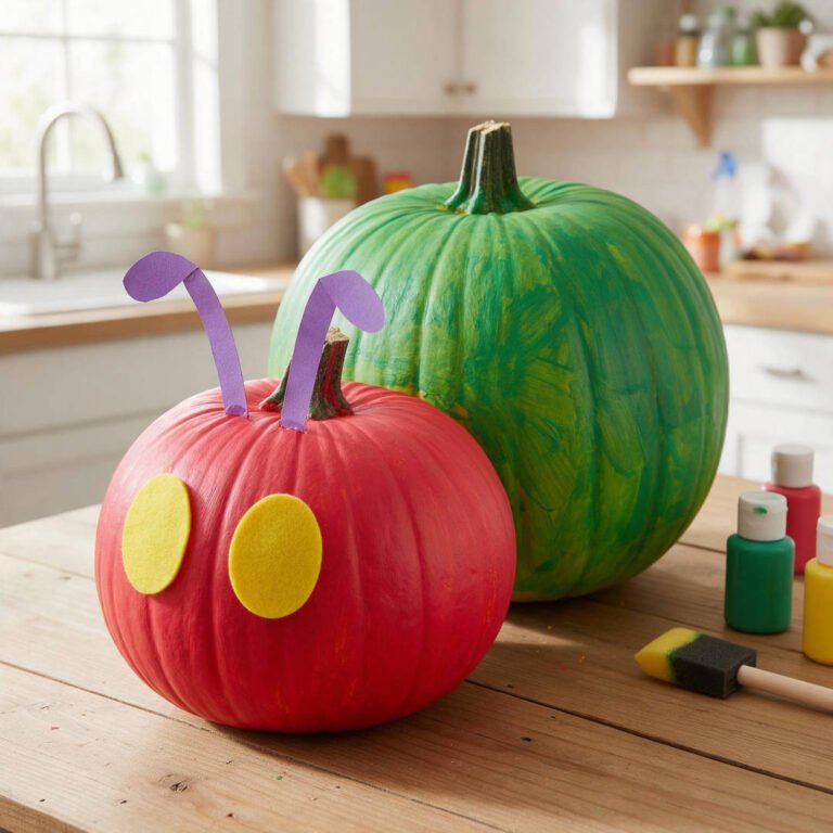 Storybook Hungry Caterpillar Stacked Pumpkins - Hand-painted red and green stacked pumpkins resembling a classic storybook caterpillar with yellow felt eyes and purple paper antennae