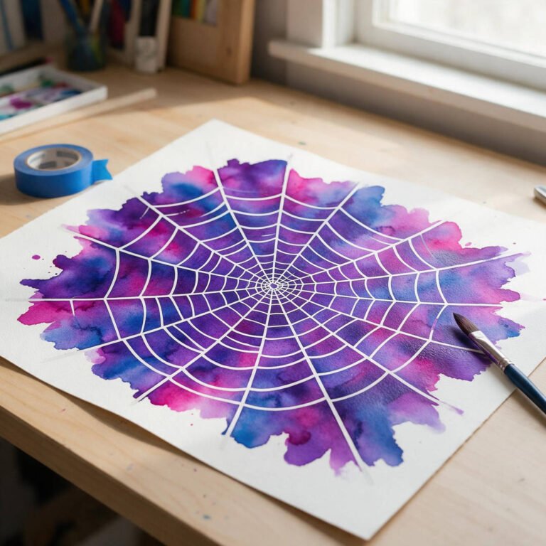 10 Fun Halloween Process Art Ideas for Preschool (Sensory!) 12 Preschool tape-resist watercolor spiderweb art with crisp white lines revealed across vibrant purple and midnight blue washed watercolor paper.
