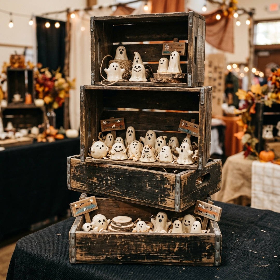 10 Best Halloween Craft Booth Ideas to Make & Sell 1 Tiered Vintage Wooden Crate Display - Rustic wooden crate risers showing Halloween crafts at a vendor booth