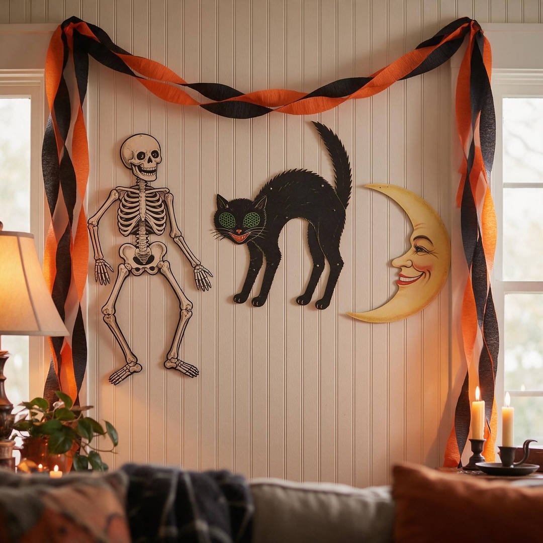 A wall display featuring classic retro Beistle-style jointed paper dancing skeletons and grinning black cats with brass brads