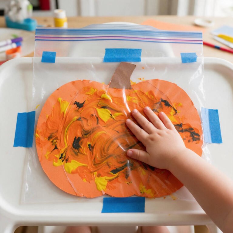 Ziploc Bag Squish Painted Pumpkins - Clear zip-top plastic bag taped to highchair tray filled with squished orange and yellow tempera paint over black pumpkin stencil