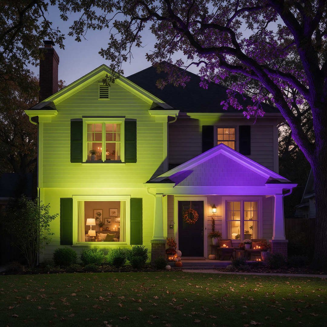 25+ Spooky Beetlejuice Halloween Decorations (Sandworm DIYs!) 3 A two-story suburban home exterior dramatically washed in neon lime-green and electric violet LED floodlighting at dusk