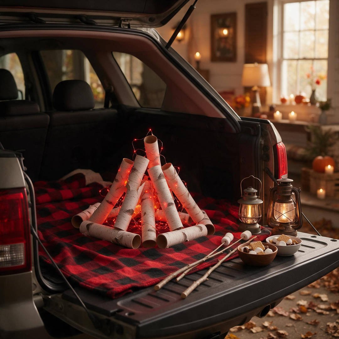 30+ Easy Car Halloween Decorations (Trunk or Treat Ideas!) 3 An open SUV cargo area styled like an autumn campsite with a plaid picnic blanket faux felt campfire and pine tree garlands