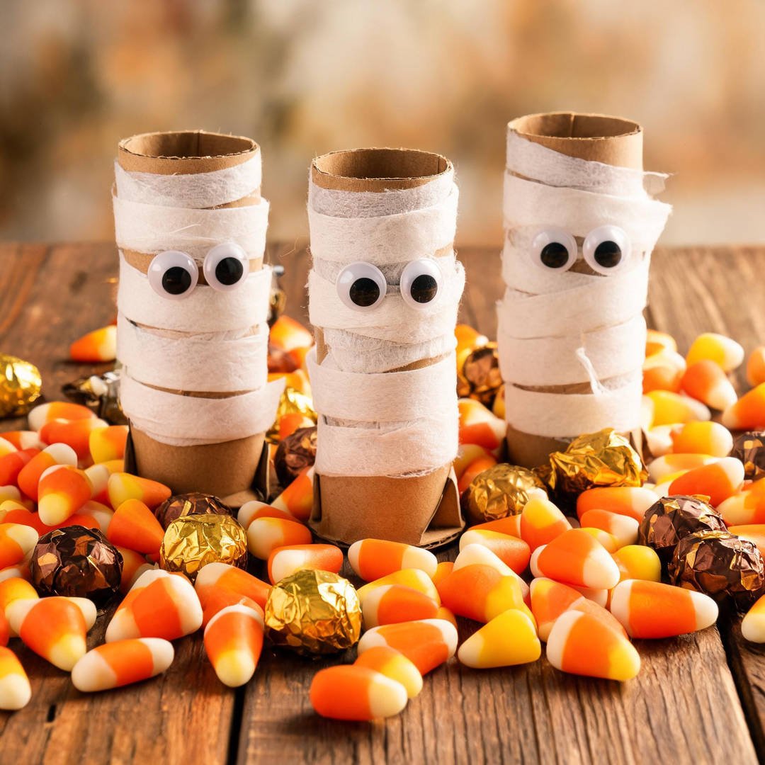 Cardboard Roll Mummy Candy Tube - Recycled cardboard roll wrapped in white gauze bandage with peeking candy