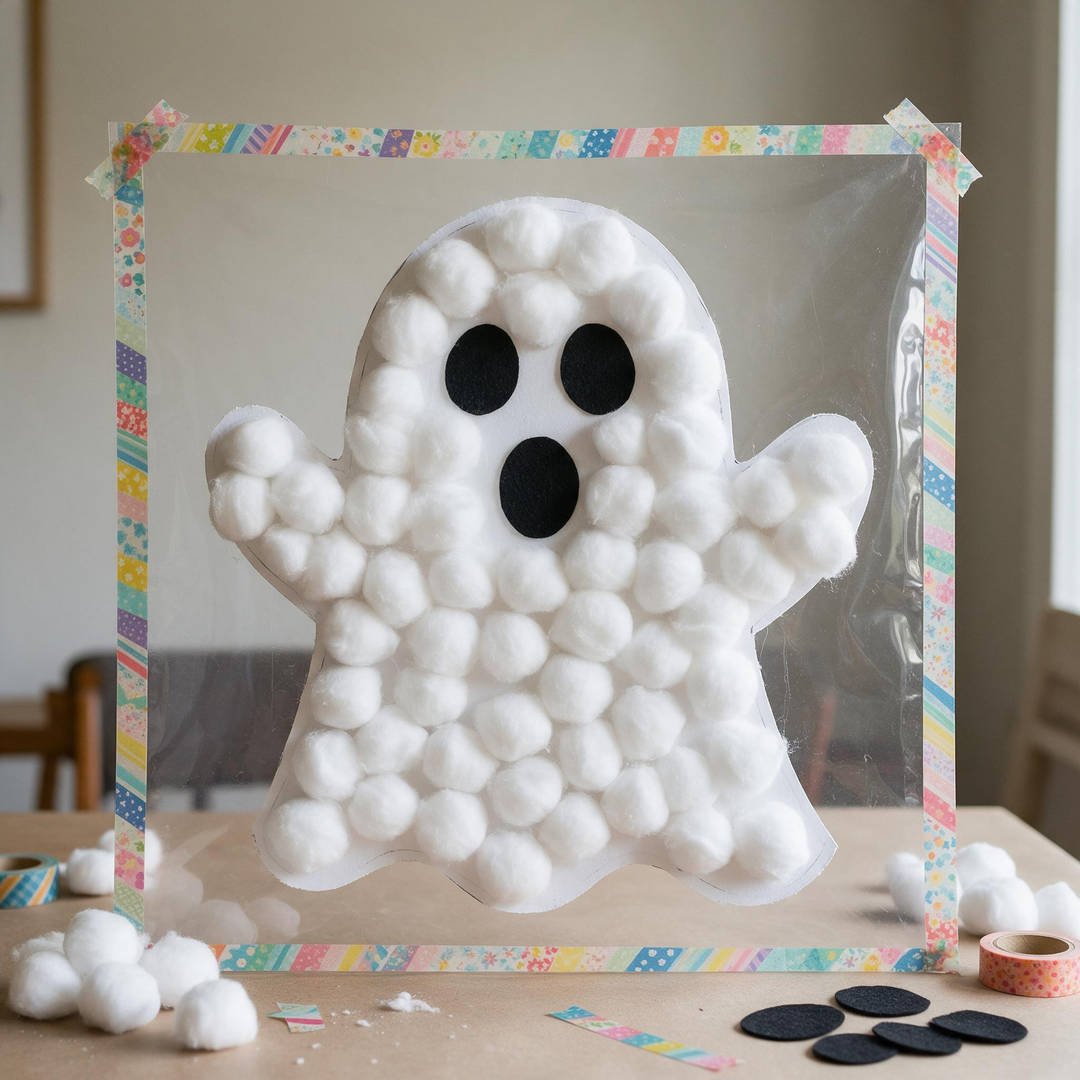 10 Easy No-Mess Halloween Crafts for Toddlers (Zero Cleanup) 2 Contact Paper Sticky Wall Ghosts - Sheet of clear contact paper taped sticky-side out to kitchen wall decorated with fluffy cotton balls and black felt eyes