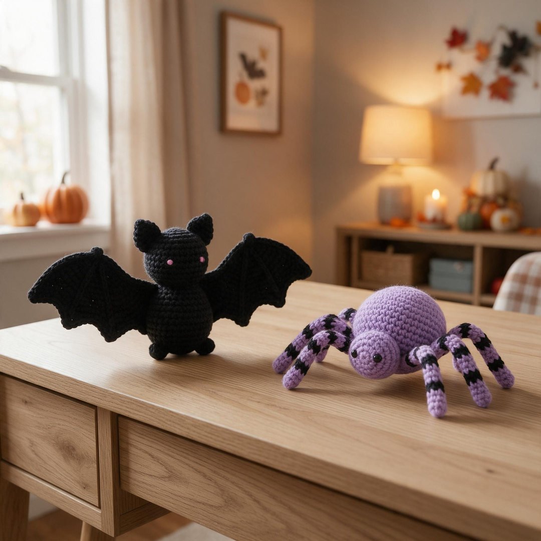 25+ Cute Crochet Halloween Decorations (Free Patterns & DIYs!) 3 Adorable plush black amigurumi bat with felt wings and a fuzzy crochet purple spider on a craft desk