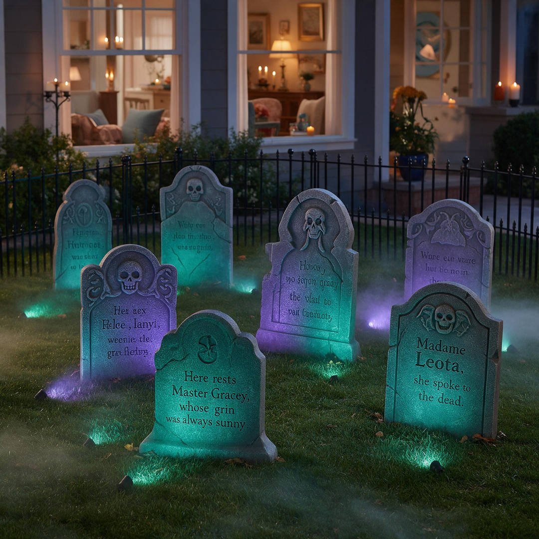 25+ Magical Disney Halloween Outdoor Decorations (Mickey Pumpkins & Haunted Mansion Ideas!) 3 Haunted Mansion inspired front lawn graveyard with illuminated tombstones and soft teal garden lighting