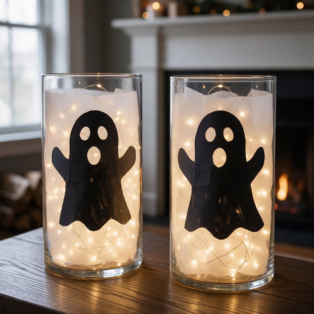 Dollar Tree Glass Cylinder Ghost Vases - Clear glass cylinder vases with black ghost silhouettes and warm glowing fairy lights
