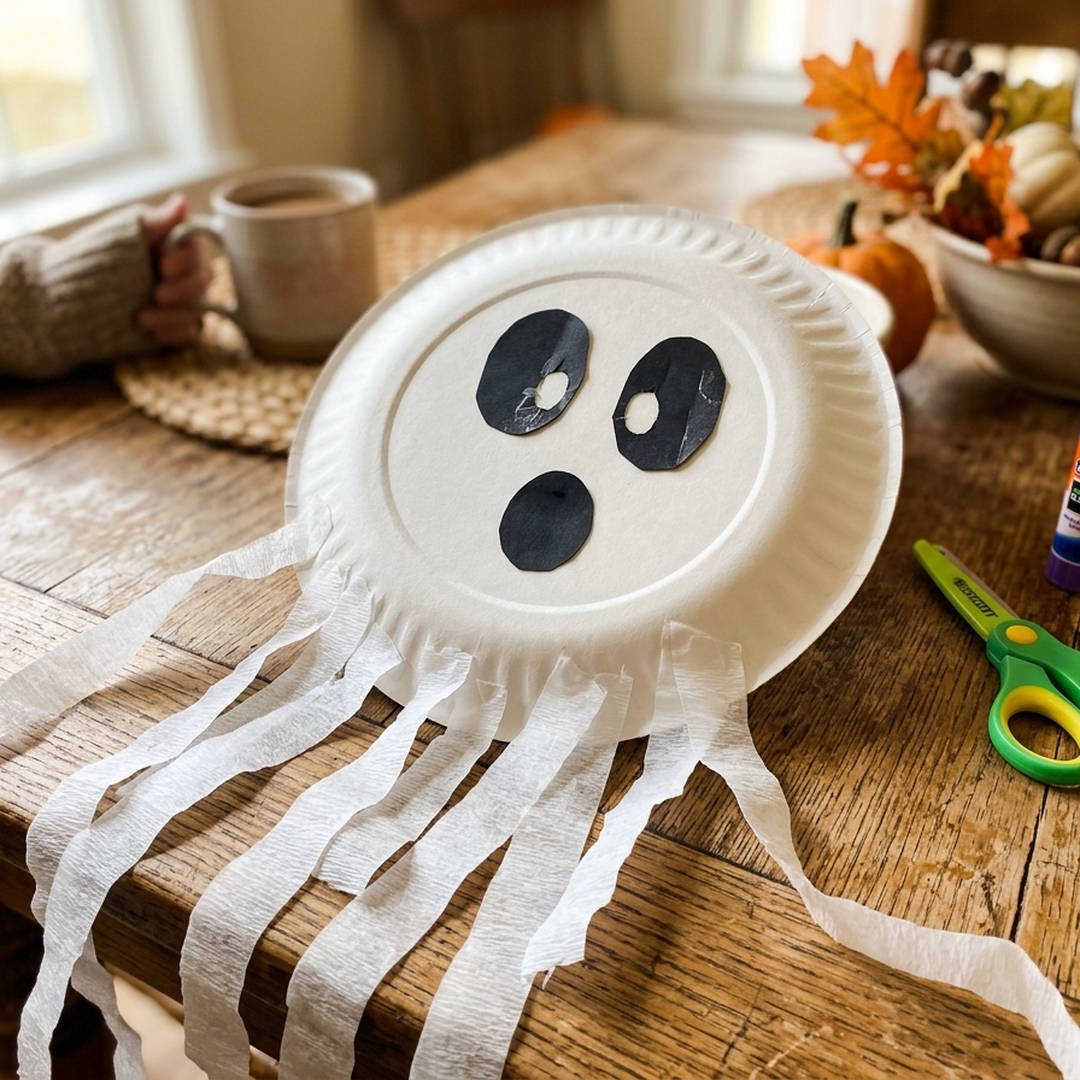 Floating Paper Plate Ghost with Streamers - Friendly white paper plate ghost craft with flowing white crepe paper streamers on a cozy wooden table