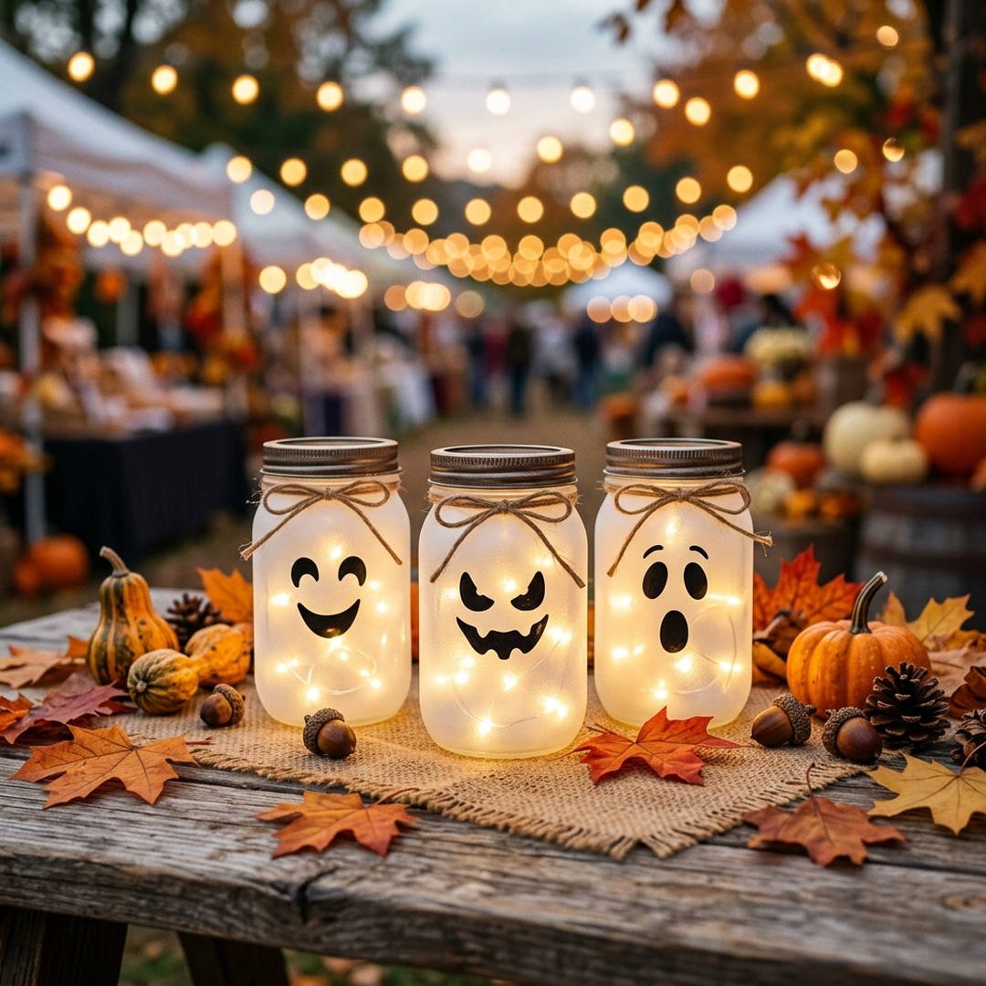 10 Best Halloween Craft Booth Ideas to Make & Sell 2 Glowing Ghost Jar Luminary Station - Hand-painted frosted mason jar ghost luminaries with fairy lights on a booth table