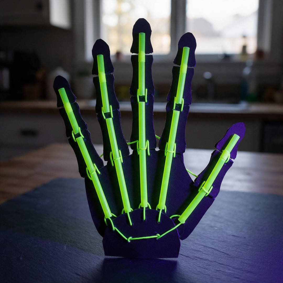 10 Moving Skeleton Hand Paper Crafts for Spooky STEM Fun 2 Glow-in-the-Dark Neon Skeleton Hand - Black paper skeleton hand with neon green straw bones glowing vividly under blacklight