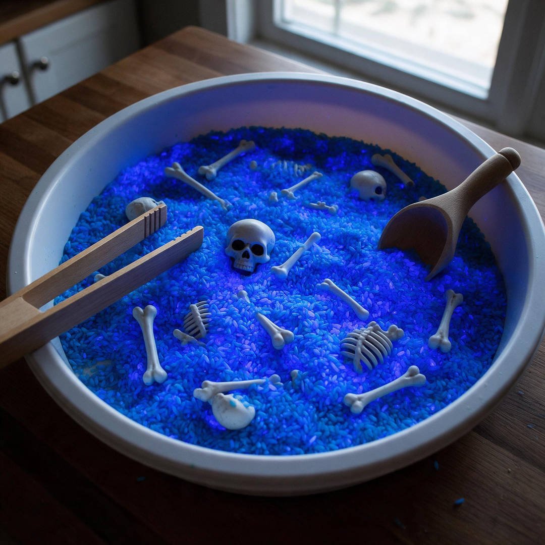 Glow-in-the-Dark Tonic Water Rice Bin - Dyed sensory rice glowing electric cyan blue under UV light with buried miniature white skeleton figures
