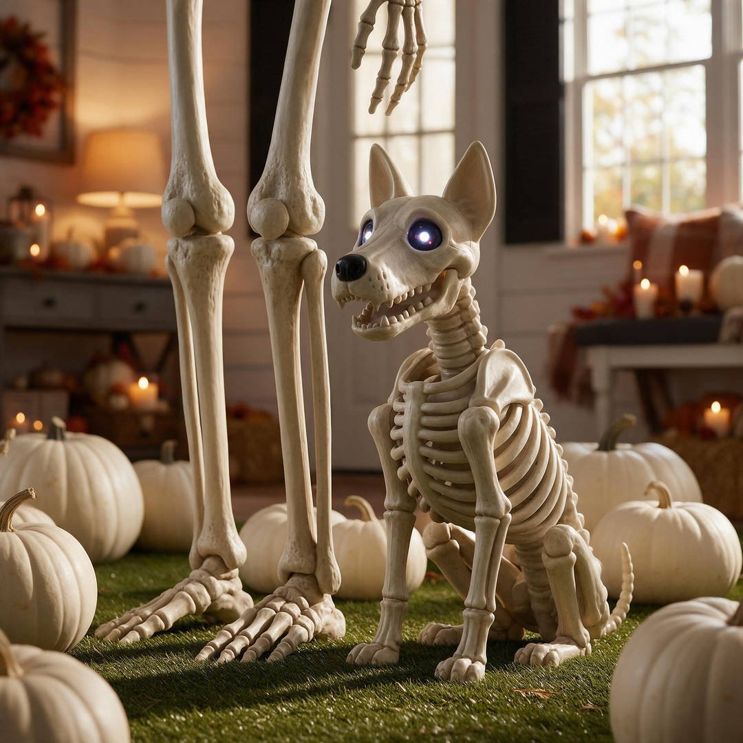 25+ Best Home Depot Halloween Decorations for 2026 (Viral Animatronics & Porch Decor!) 3 The Home Depot giant animated skeleton dog lawn prop sitting among autumn pumpkins