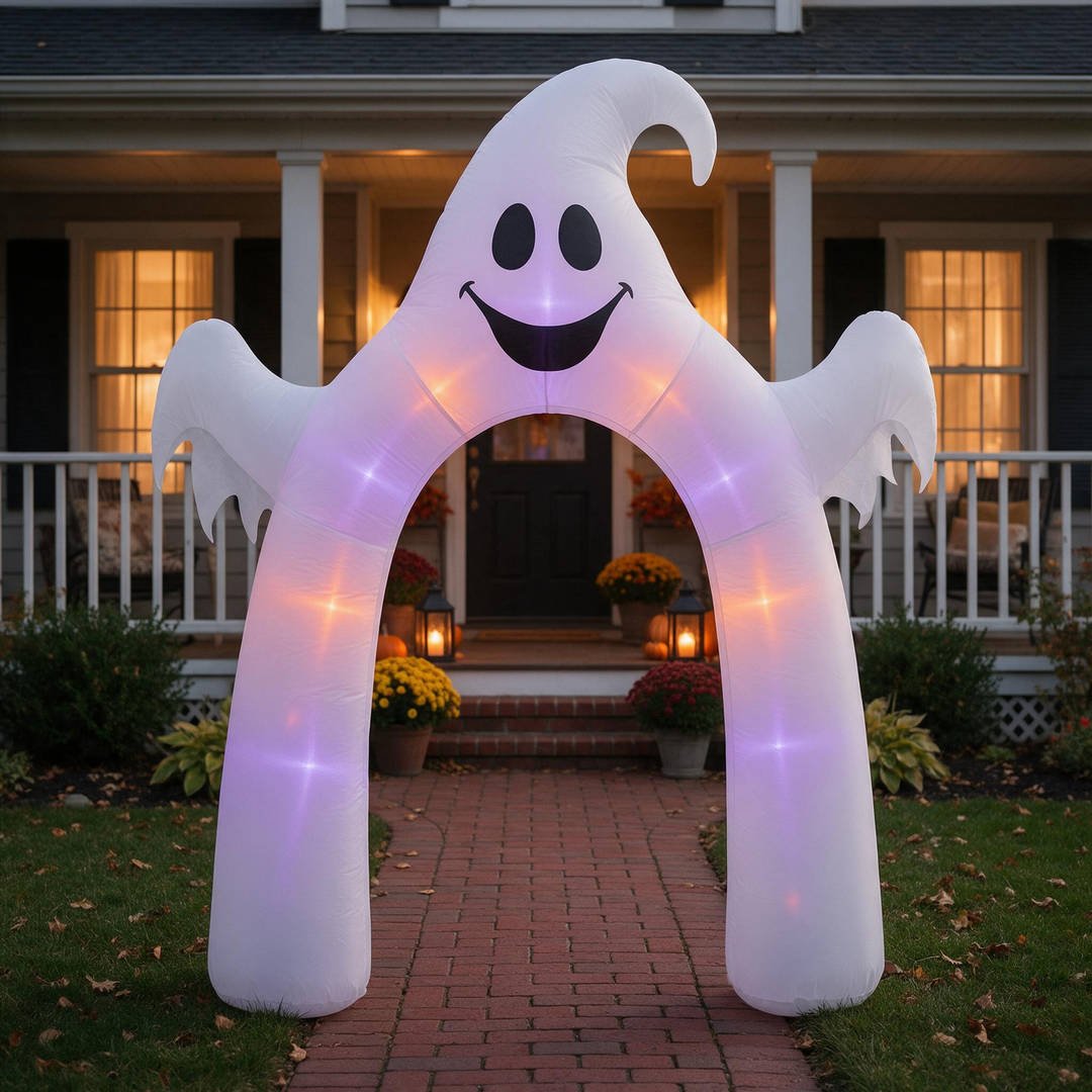An 8-foot tall illuminated white ghost inflatable archway spanning a front brick walkway at twilight