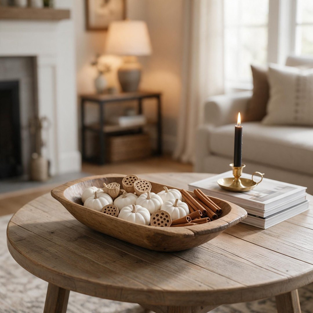 A chic living room coffee table styled with a wooden dough bowl of white heirloom pumpkins and brass candle holders