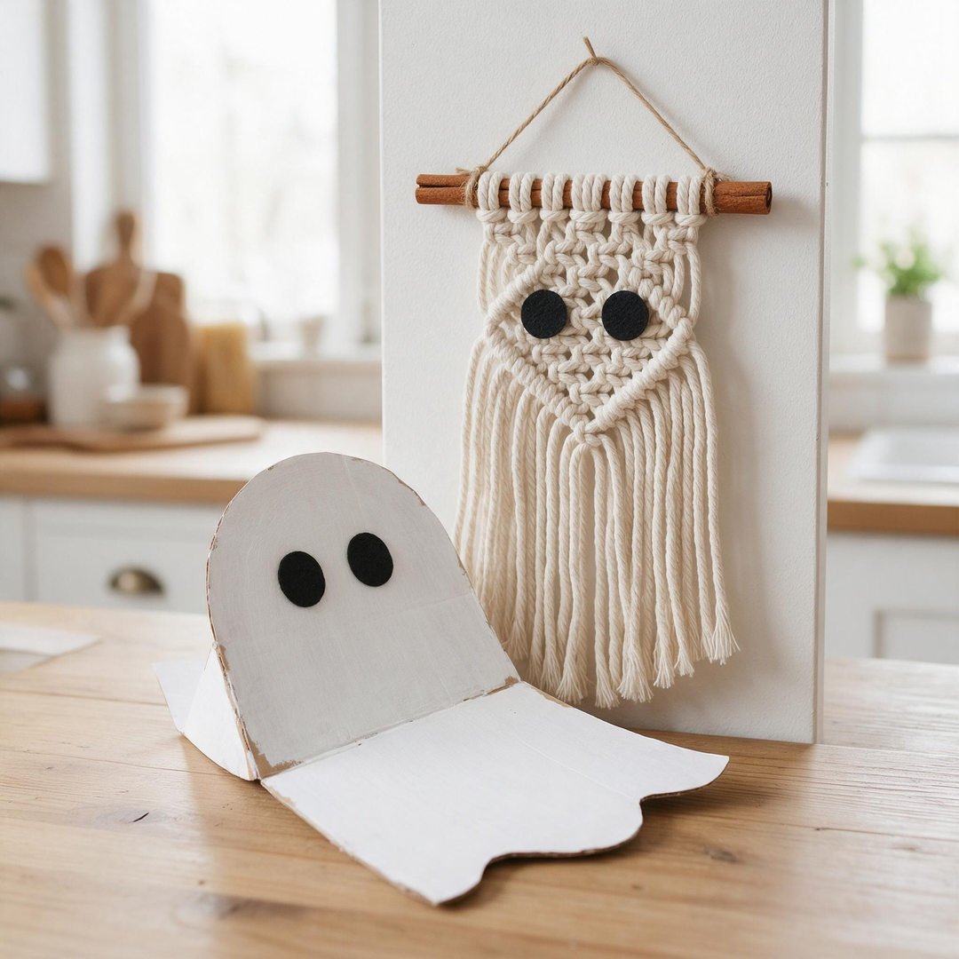 Macramé Cotton Cord Ghost Wall Hangings - Boho fringed natural white cotton macramé ghost hanging from a real cinnamon stick dowel