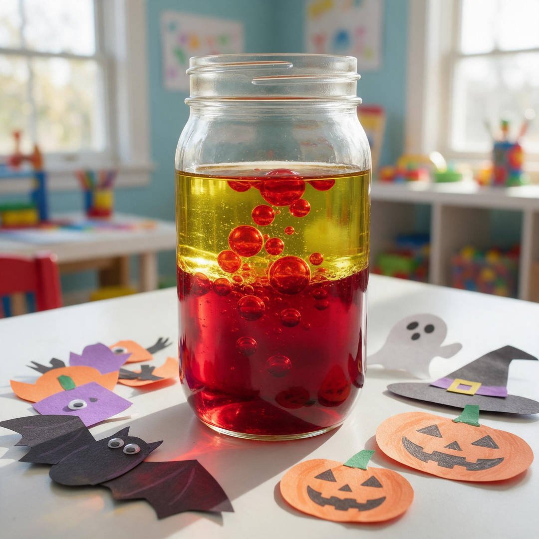 10 Kid-Safe DIY Potion Making Recipes for Halloween Fun 2 Magic Lava Lamp Potion - Clear glass mason jar filled with layered golden vegetable oil and rising bubbling ruby red liquid blobs
