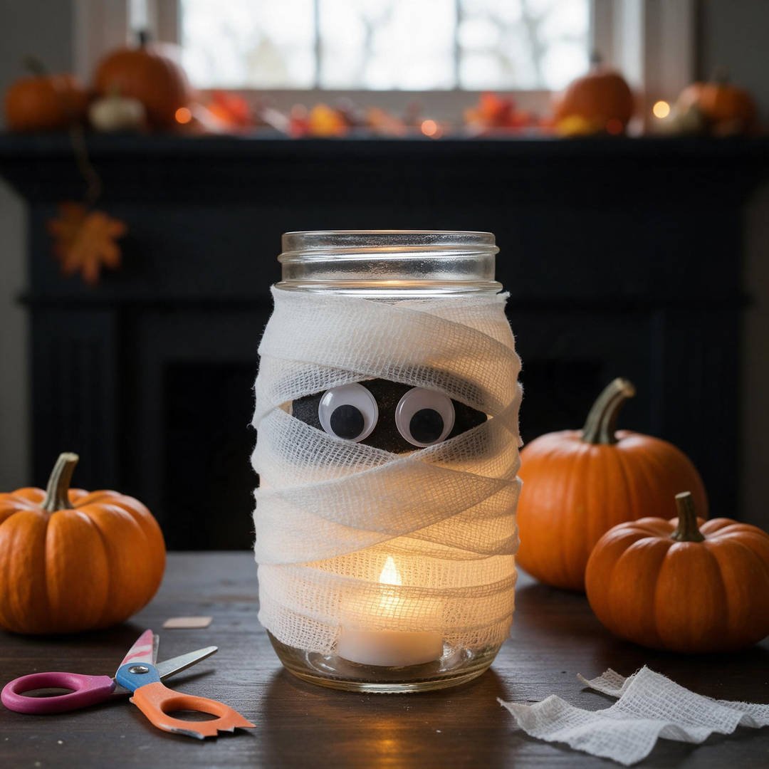 10 Easy Halloween Craft Ideas for Kids (Fun & Spooky DIYs) 2 Mason Jar Mummy Lanterns - Glass canning jar wrapped in textured gauze bandage with large googly eyes and warm candlelit glow