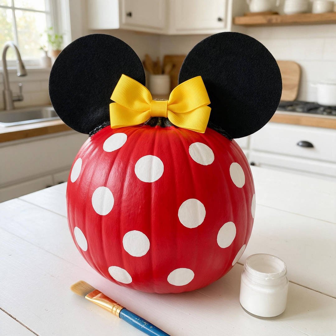 Minnie Mouse Polka Dot Bow Pumpkin - Bright red painted pumpkin with neat white polka dots, black mouse ears, and a large yellow ribbon bow