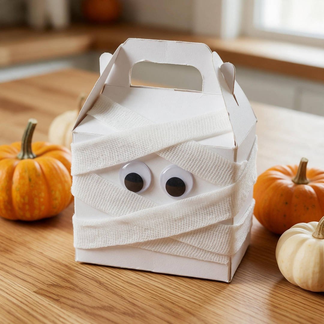 Mummy Wrapped Candy Gable Box - White textured gauze bandage wrapped favor box with giant googly eyes peeking out