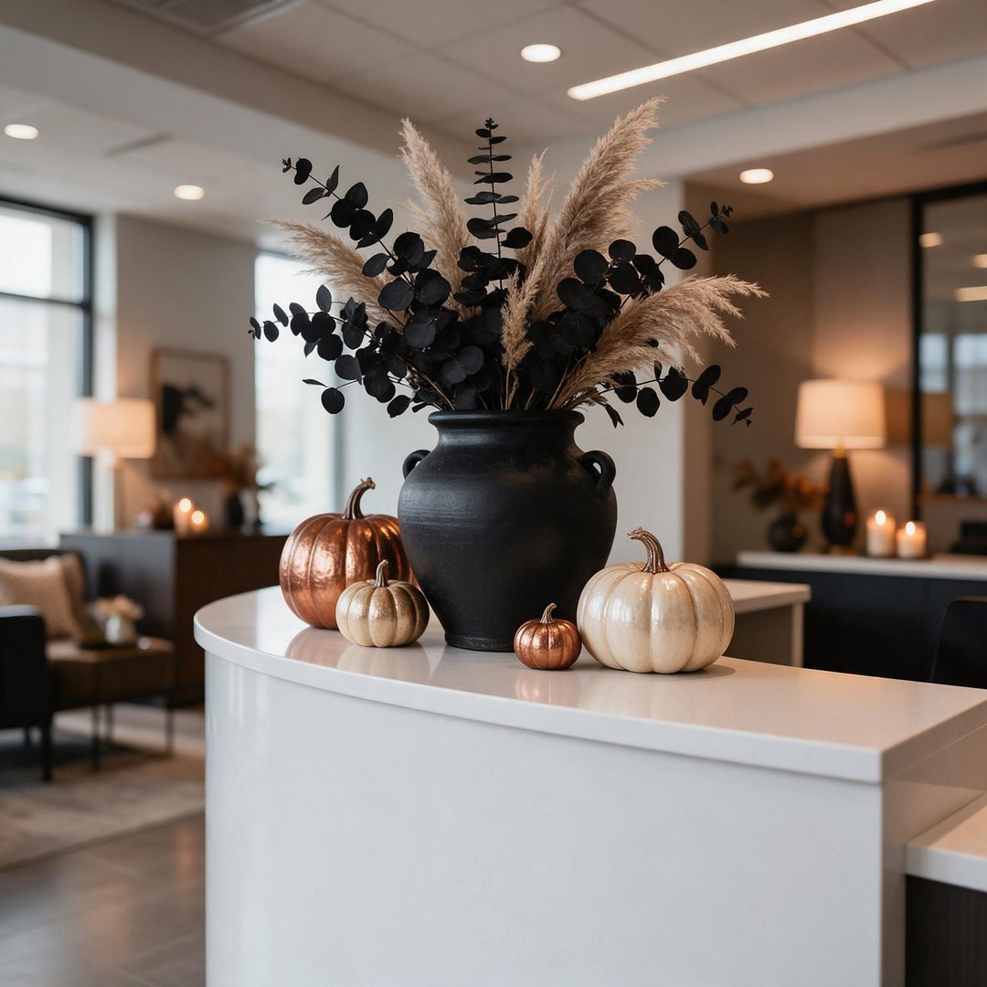 An elegant corporate office reception desk styled with chic matte black pumpkins, dried pampas grass, and subtle warm lighting