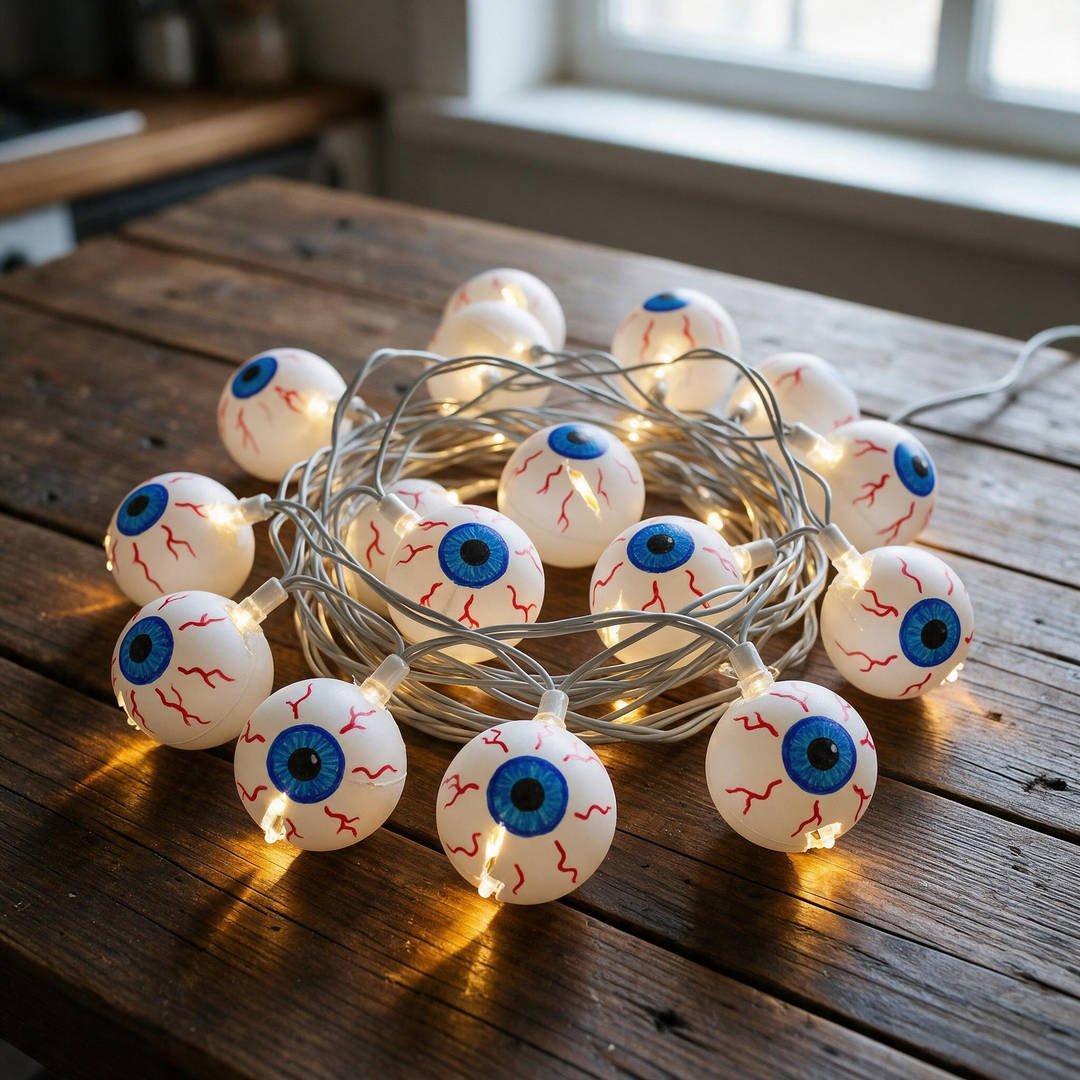 Ping Pong Ball Creepy Eyeball Lights - White table tennis balls drawn with bloodshot red veins and blue irises glowing on string lights