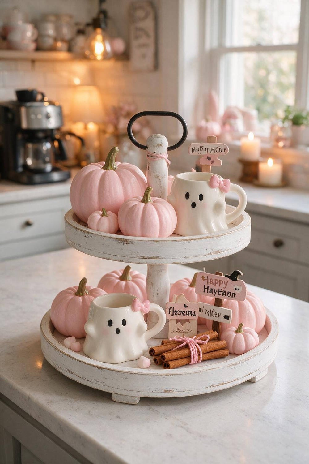 A two-tier rustic white wood tray decorated with mini pink pumpkins, cute ghost mugs, and pink gingham ribbon