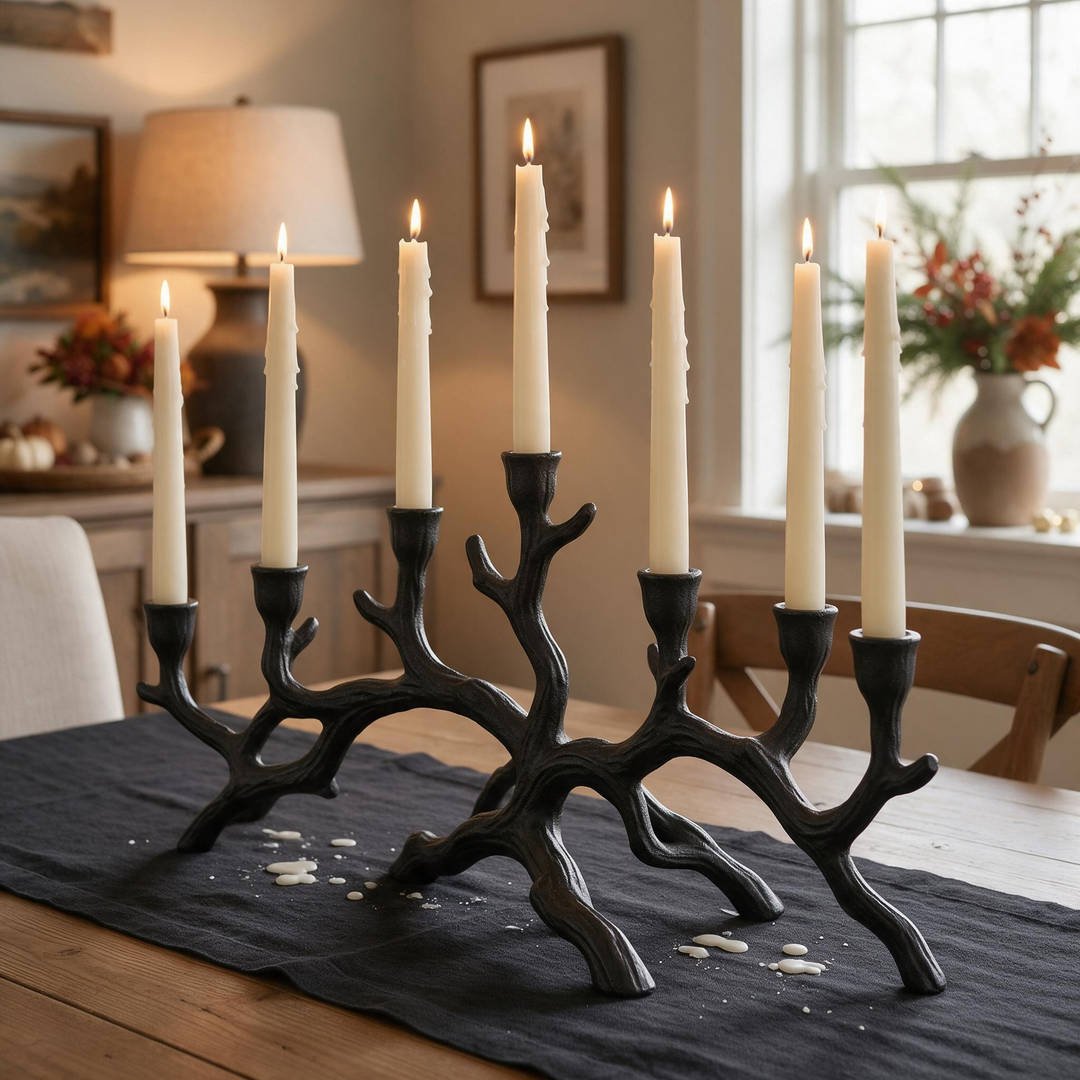 A sculptural matte black forged iron candelabra shaped like gnarled tree branches holding tall ivory taper candles