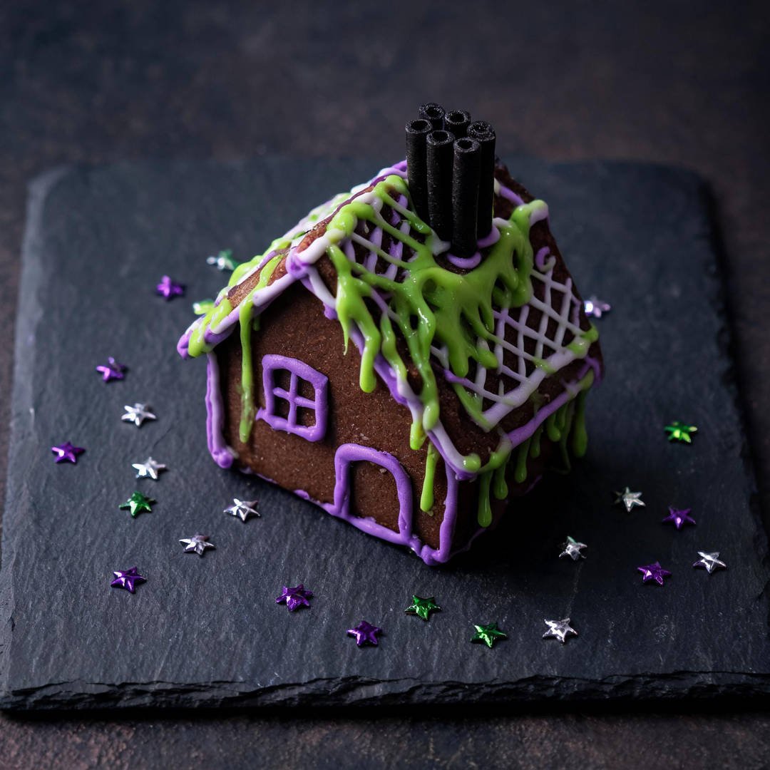 Purple Witch Gingerbread Cottage - Dark gingerbread house with bright violet royal icing, green candy drips, and licorice chimney