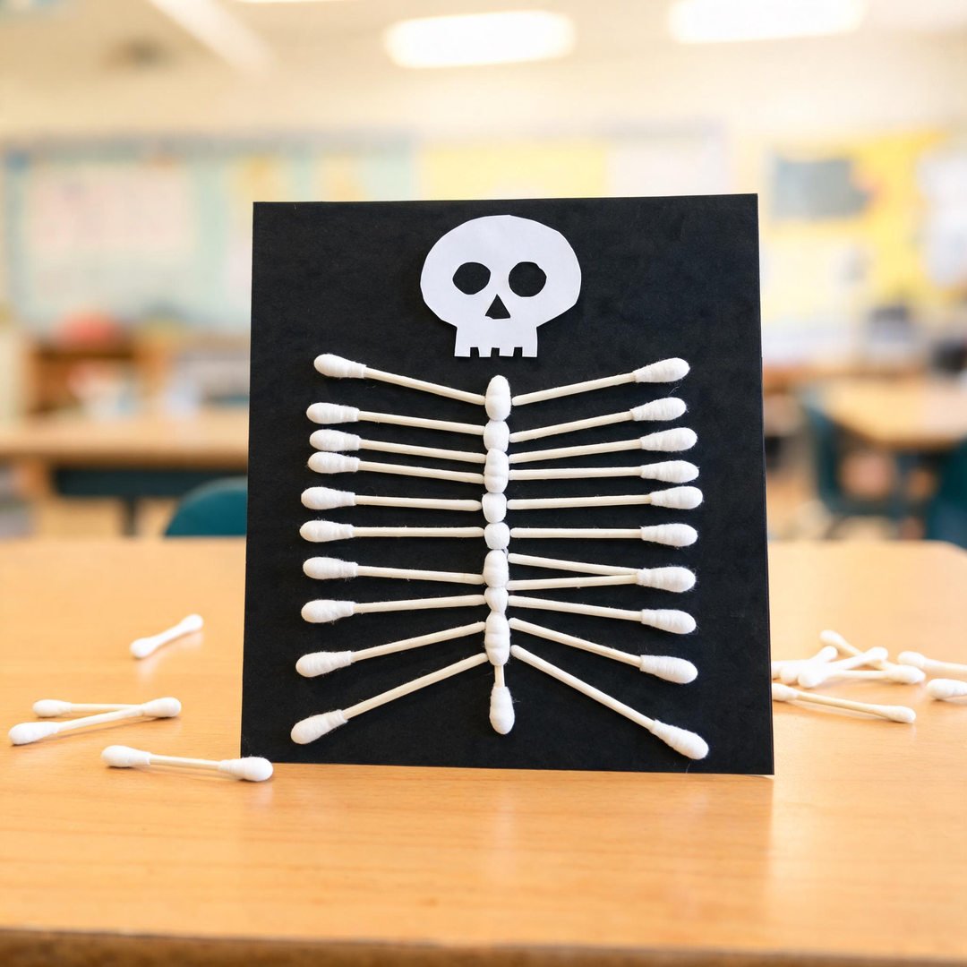10 Easy Halloween Crafts for School (Grades 1-5) 2 Q-Tip Cotton Skeleton Anatomy Craft - Cotton swab skeleton with paper skull on black cardstock