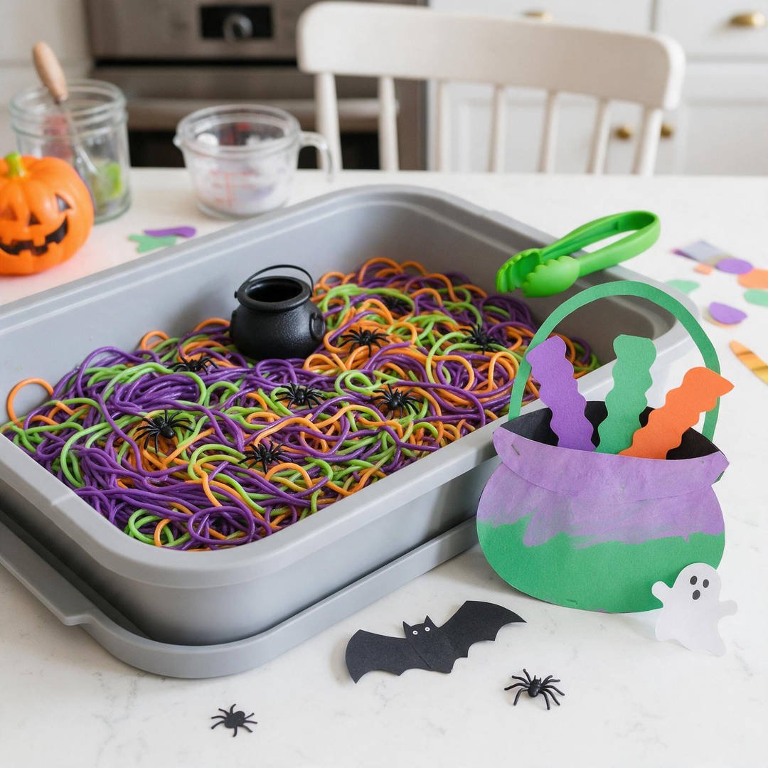 10 Fun Halloween Sensory Activities for Toddlers (Taste-Safe) 2 Spooky Dyed Spaghetti Witches' Worms