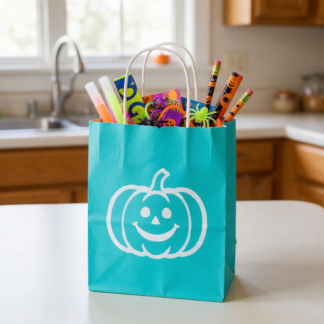 Teal Pumpkin Allergy-Safe Favor Pouch - Bright teal paper gift bag with white pumpkin decal filled with non-food Halloween toys