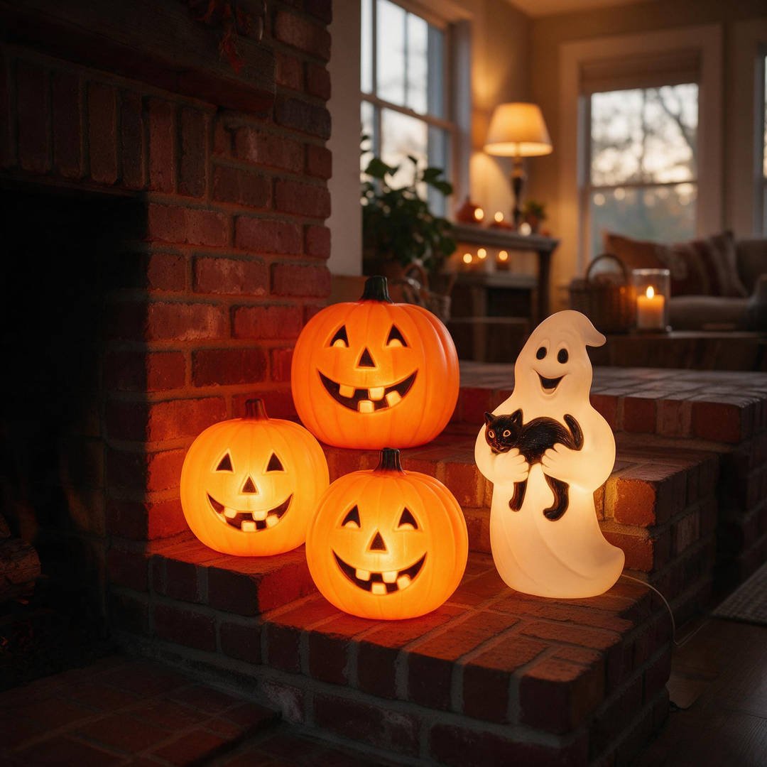 A collection of illuminated retro 1980s and 1990s plastic blow-mold pumpkins and smiling ghosts on a brick fireplace hearth