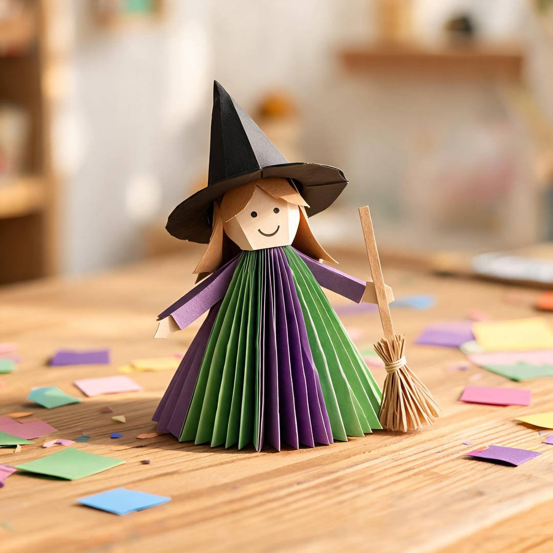 10 Easy Halloween Crafts for School (Grades 1-5) 3 Accordion Fold Paper Witch - Pleated accordion paper witch dress craft with pointy hat for students