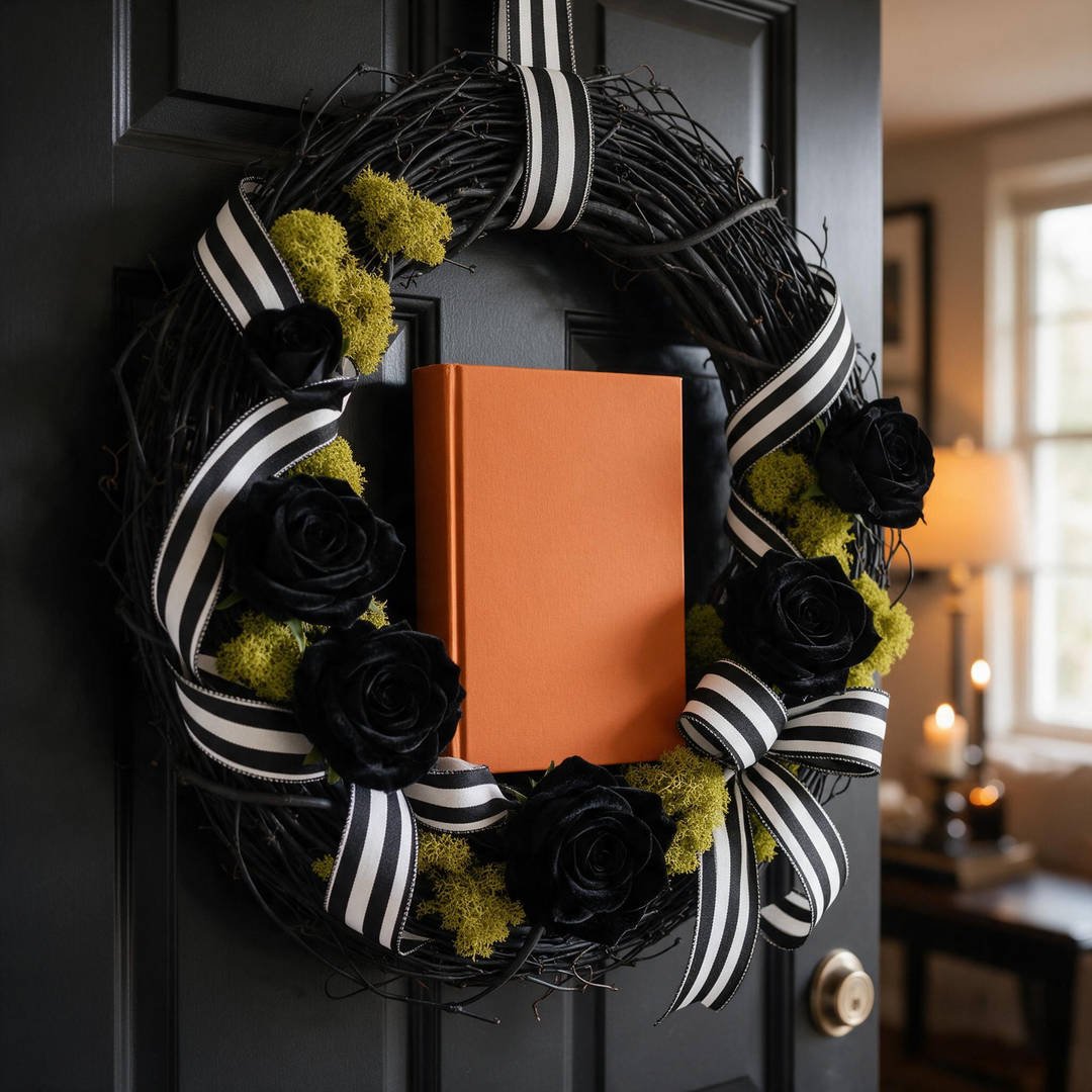 25+ Spooky Beetlejuice Halloween Decorations (Sandworm DIYs!) 4 A round black grapevine wreath centered with a handcrafted Handbook for the Recently Deceased book replica surrounded by striped ribbon
