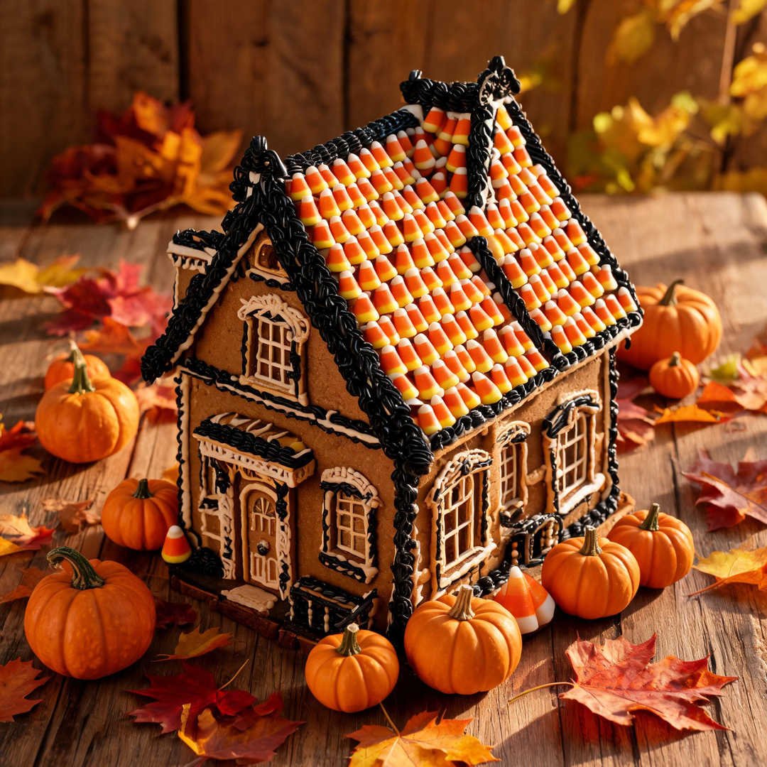 Candy Corn Shingle Roof Mansion - Haunted gingerbread mansion with overlapping rows of yellow, orange, and white candy corn roof tiles